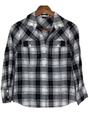 Theory Black and White Plaid Shirt 3/4 Sleeve Button Down Designer Blouse XS